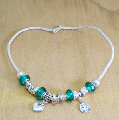 Faux Leather Charms Rhinestone Beaded Necklace