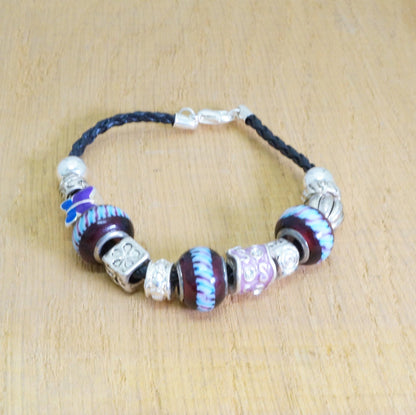 Faux Beaded Multi Silver Toned Charms Faux Braided Leather Bracelet Fashion Jewelry