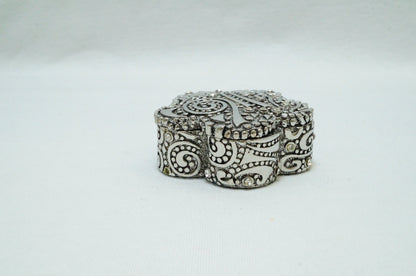 Vintage Chinese Plum Blossom Ornate Pattern Silver Pewter Trinket Box Jeweled