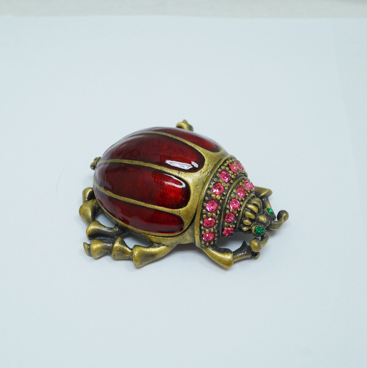 Vintage Bronze Red Beetle Bugs with Pink Green Jeweled Pewter Trinket