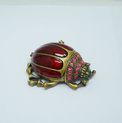 Vintage Bronze Red Beetle Bugs with Pink Green Jeweled Pewter Trinket