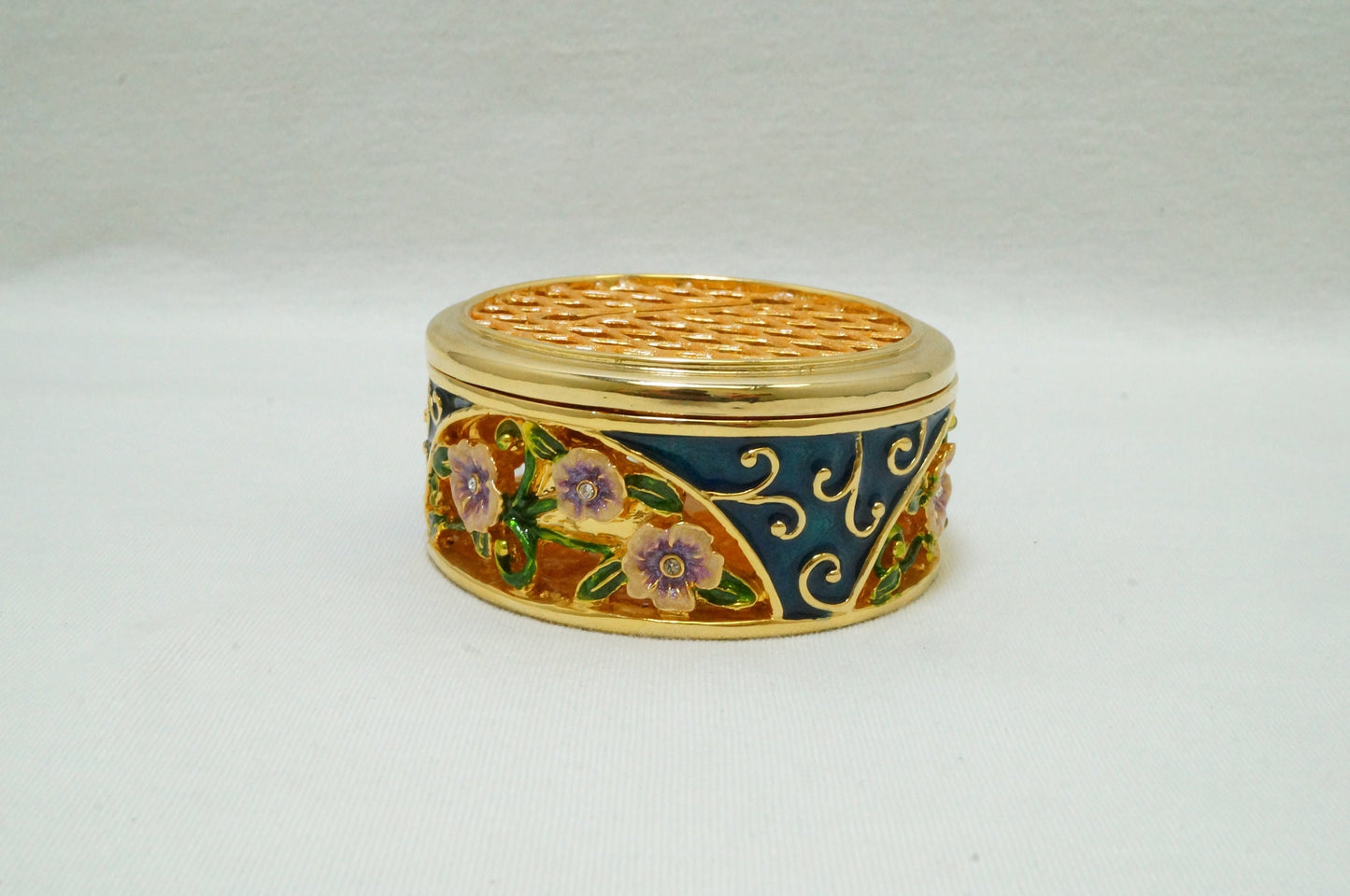 Cristiani Collezione Round Gold  Floral Trinket Box Pewter Enameled 14K Gold Plated