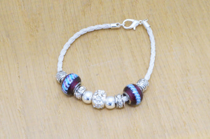 Faux Beaded Multi Silver Toned Charms Faux Braided Leather Bracelet Fashion Jewelry