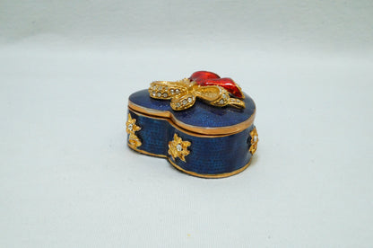 Vintage Blue Gold  Heart Trinket with Bow and Red Bells Pewter Enameled Jeweled 14K Gold Plated