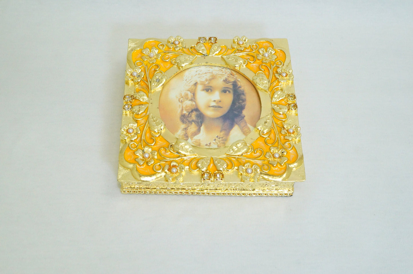 Cristiani Collezione Vintage Square Jewelry Trinket Box with Photo Frame Lid 14K Gold Plated