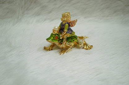 Cristiani Collezione Girl Fairy on Frog Trinket Box 14K Gold Plated