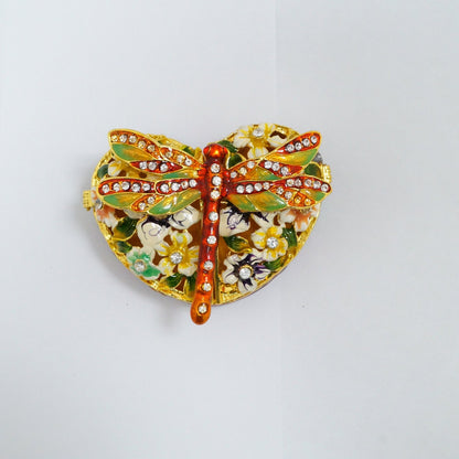 Cristiani Collezione Heart Floral With Dragon Fly Pewter Enameled Trinket Box 14K Gold Plated