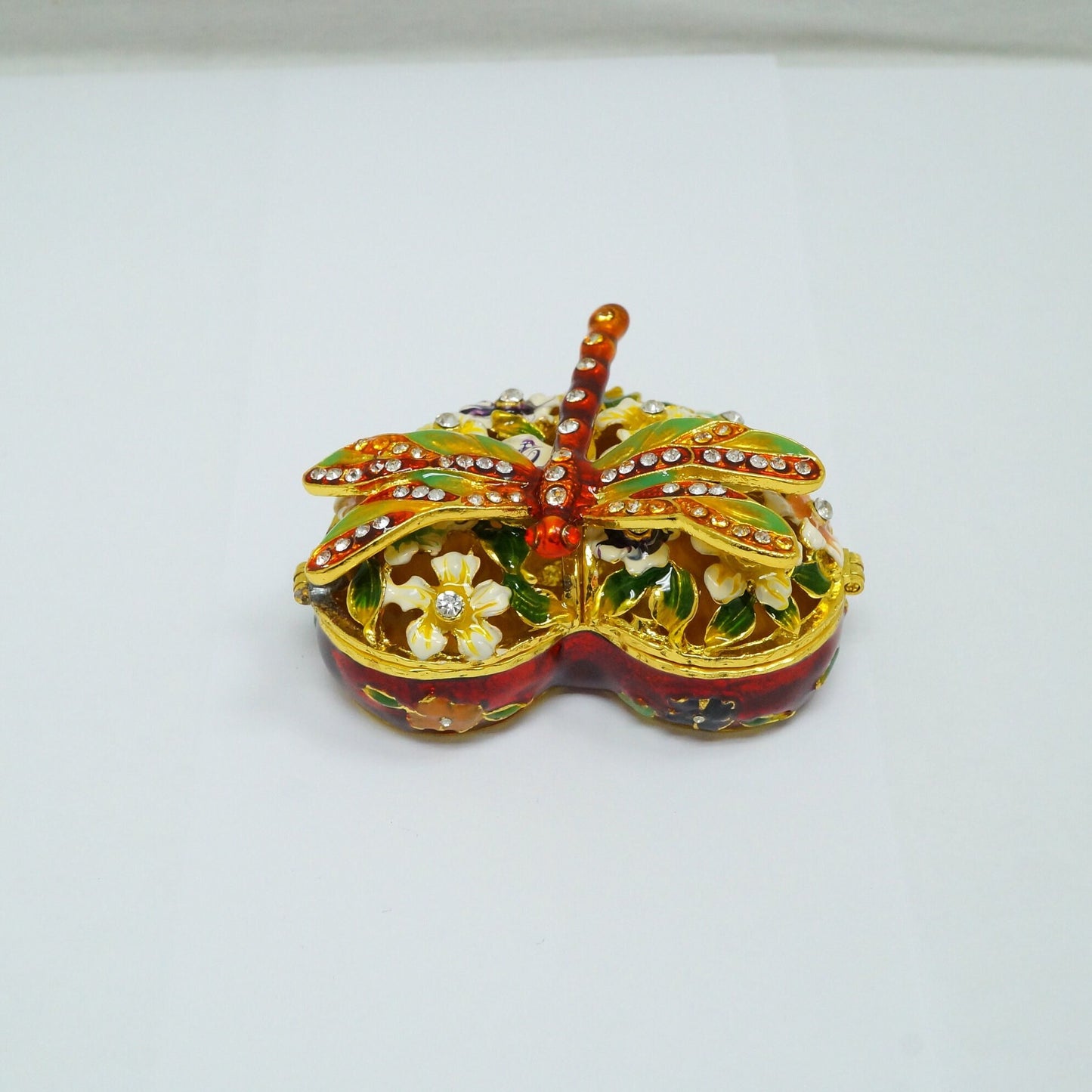 Cristiani Collezione Heart Floral With Dragon Fly Pewter Enameled Trinket Box 14K Gold Plated