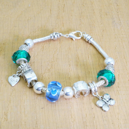 Faux Beaded Multi Charms Silver Toned Bracelet Fashion Jewelry