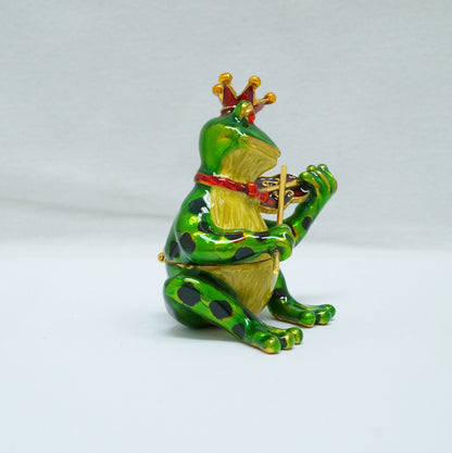 Vintage Frog With Crown Playing the Violin Jeweled Pewter Trinket 14K Gold Plated