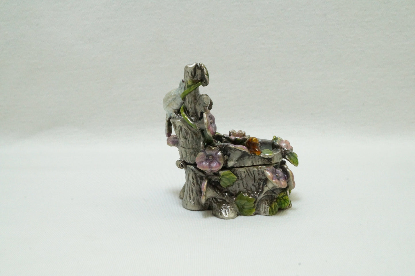 Bird and Flower Fountain Vintage Trinket Box Pewter Enameled
