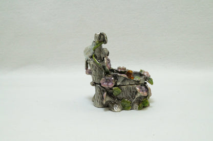 Bird and Flower Fountain Vintage Trinket Box Pewter Enameled