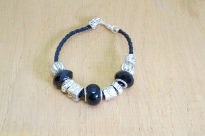 Faux Beaded Multi Silver Toned Charms Faux Braided Leather Bracelet Fashion Jewelry