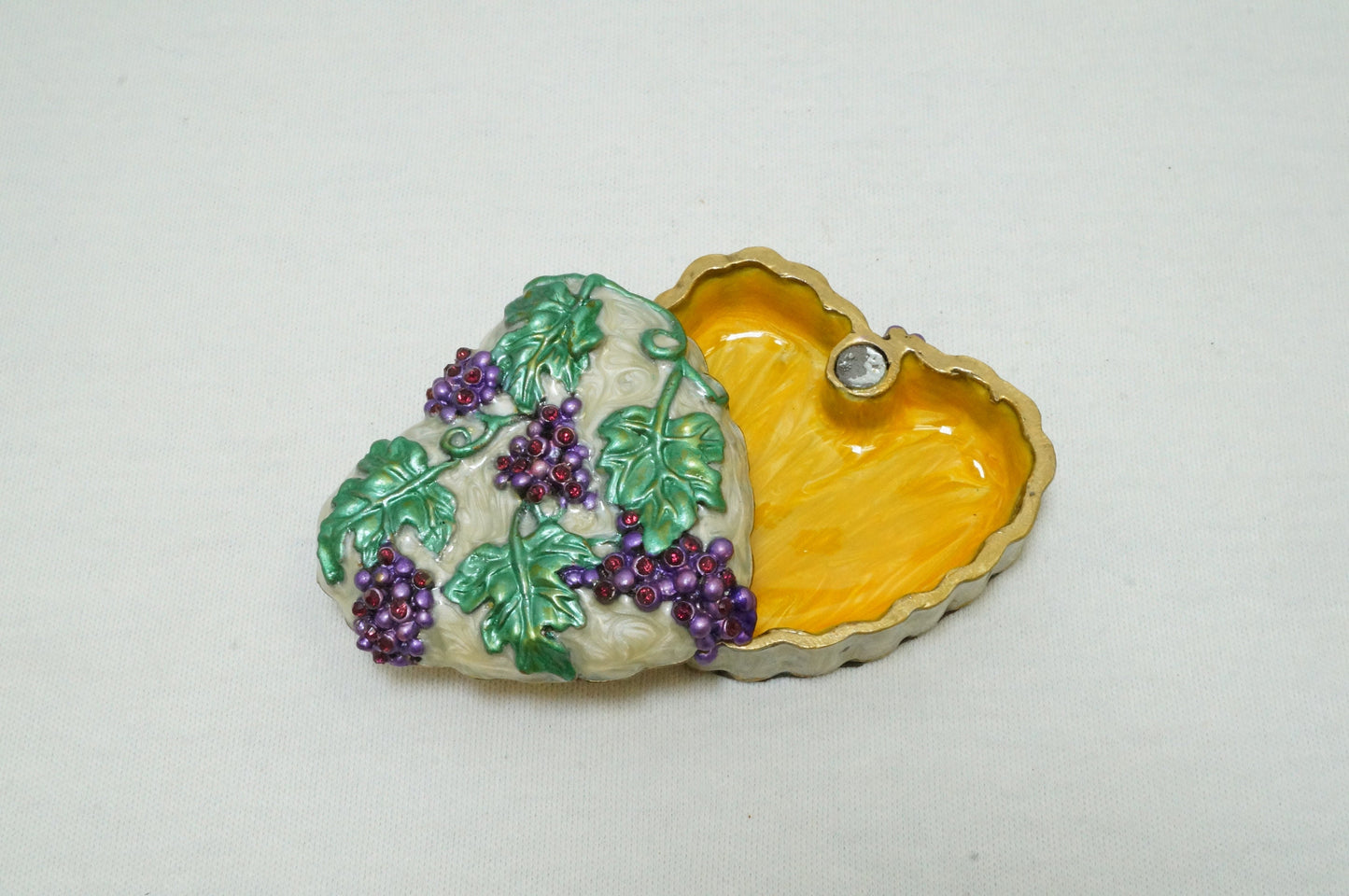 Vintage Heart Trinket Box with Grape and Vines Pewter Enamel