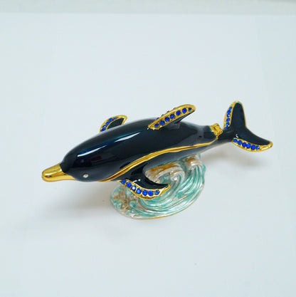Vintage Swimming Dolphin Wave Jeweled Pewter Trinket 14K Gold Plated