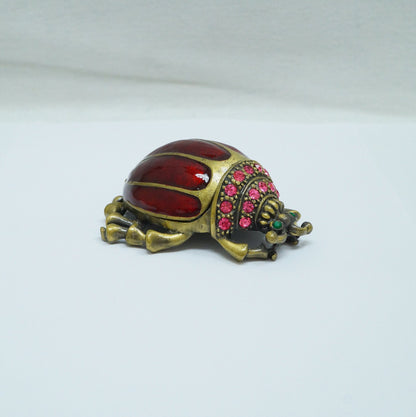 Vintage Bronze Red Beetle Bugs with Pink Green Jeweled Pewter Trinket