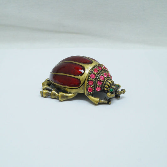 Vintage Bronze Red Beetle Bugs with Pink Green Jeweled Pewter Trinket