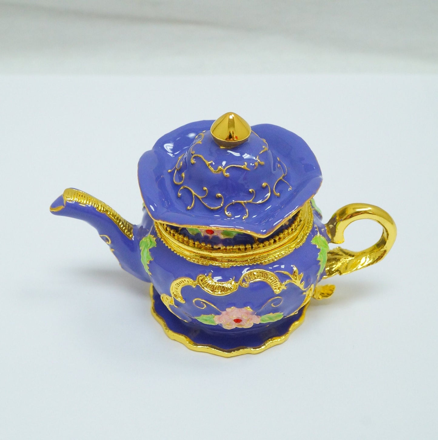 Cristiani Collezione Purple Gold Floral Design Jeweled Pewter Teapot Trinket 14K Gold Plated