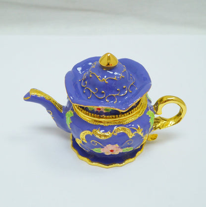 Cristiani Collezione Purple Gold Floral Design Jeweled Pewter Teapot Trinket 14K Gold Plated