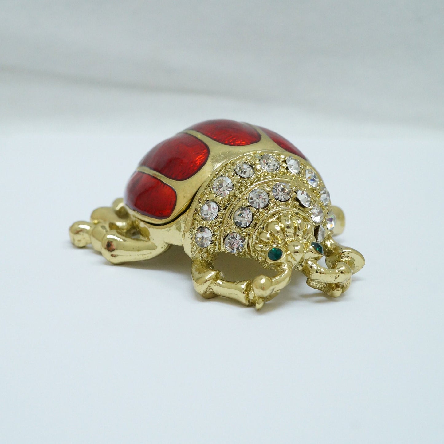 Cristiani Collezione Gold tone Red Beetle Bug with White Green Crystal Jeweled Pewter Trinket 14K Gold Plated