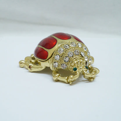 Cristiani Collezione Gold tone Red Beetle Bug with White Green Crystal Jeweled Pewter Trinket 14K Gold Plated