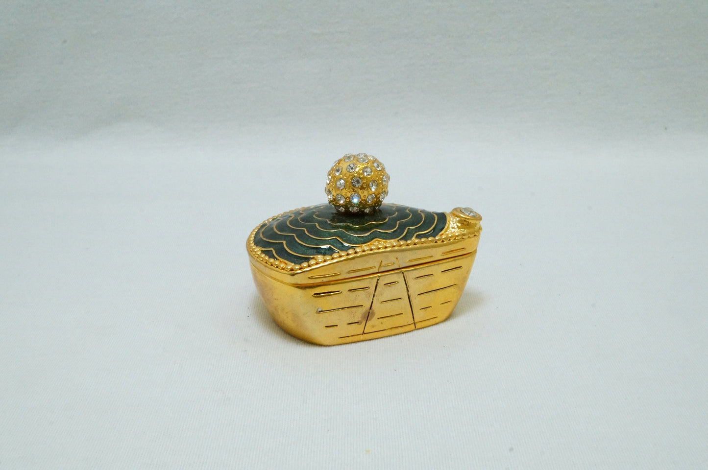 Vintage Golf Clubhead Pattern Gold Green Trinket Box Pewter Enameled Jeweled 14K Gold Plated