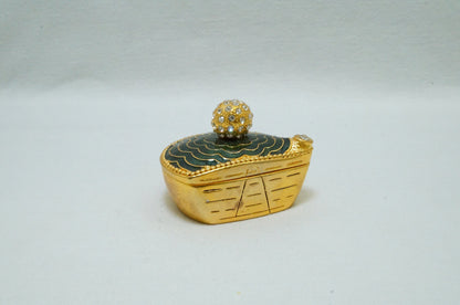 Vintage Golf Clubhead Pattern Gold Green Trinket Box Pewter Enameled Jeweled 14K Gold Plated