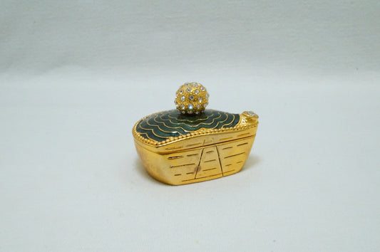 Vintage Golf Clubhead Pattern Gold Green Trinket Box Pewter Enameled Jeweled 14K Gold Plated