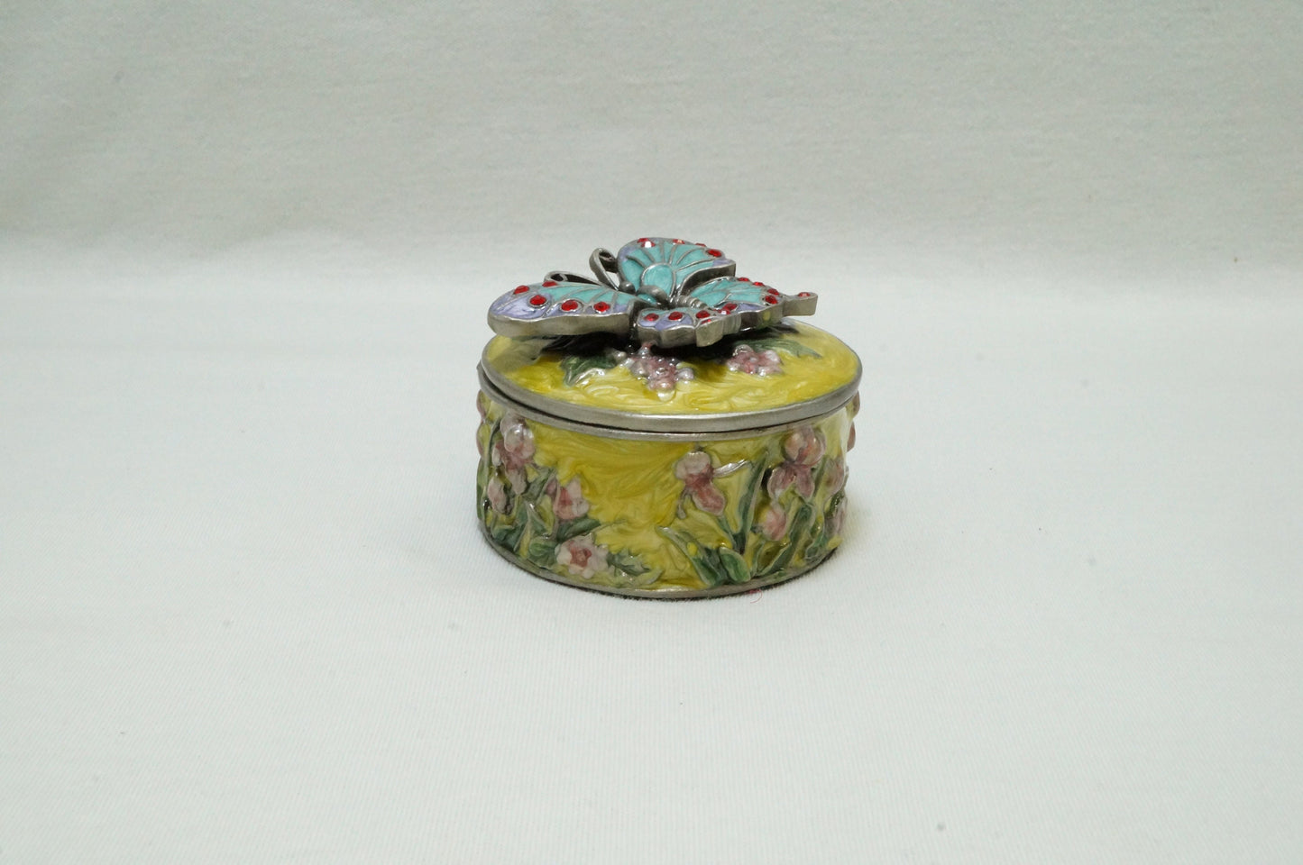 Vintage Round Floral Trinket with Butterfly on Lid Pewter Enamel Jeweled
