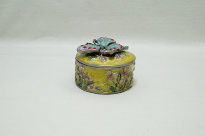Vintage Round Floral Trinket with Butterfly on Lid Pewter Enamel Jeweled