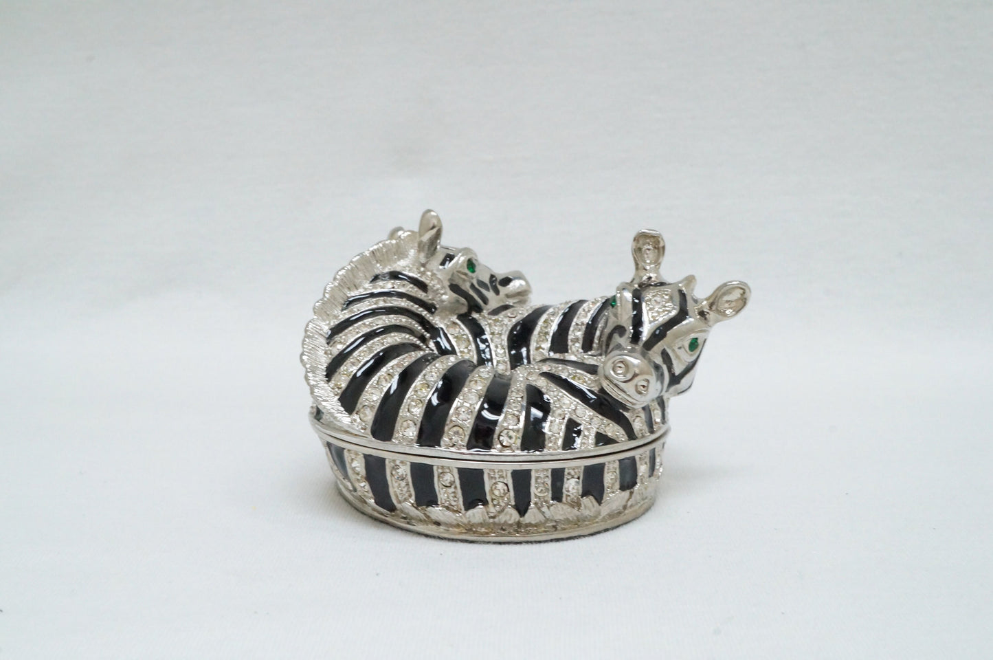 Cristiani Collezione Double Hugging Zebra Round Trinket Box Pewter Enameled Jeweled