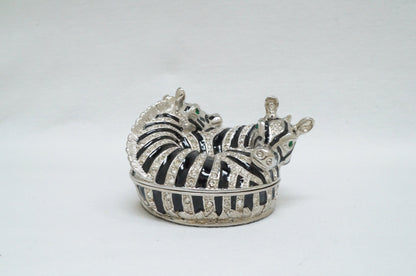 Cristiani Collezione Double Hugging Zebra Round Trinket Box Pewter Enameled Jeweled