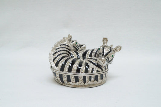 Cristiani Collezione Double Hugging Zebra Round Trinket Box Pewter Enameled Jeweled