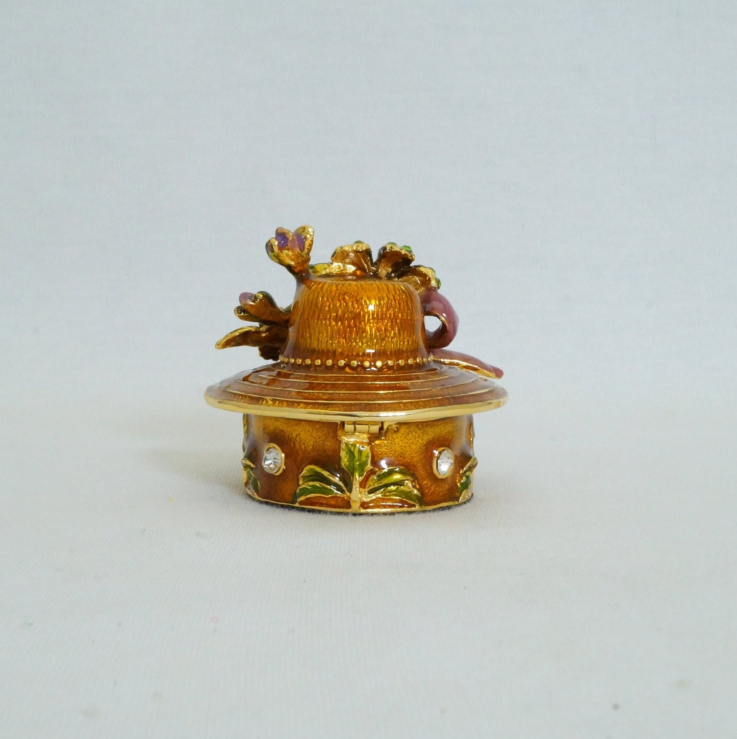 Vintage Floral Hat Trinket Box Pewter Jeweled Enameled 14K Gold Plated
