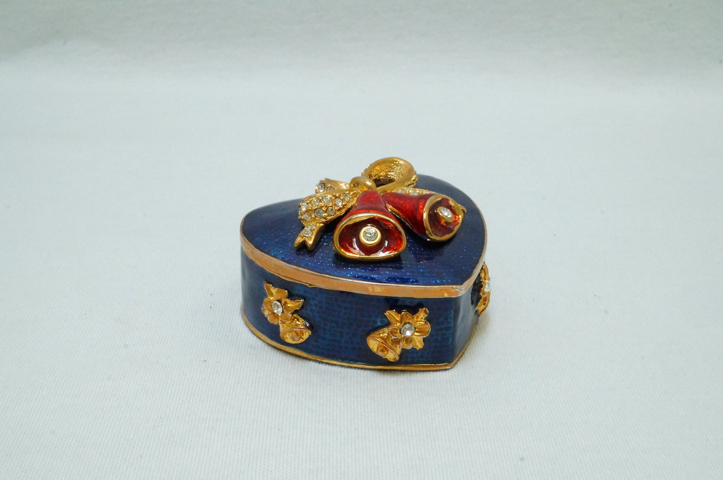 Vintage Blue Gold  Heart Trinket with Bow and Red Bells Pewter Enameled Jeweled 14K Gold Plated