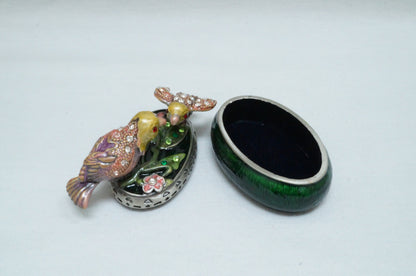 Vintage Oval Trinket with Two birds on Lid Pewter Enameled