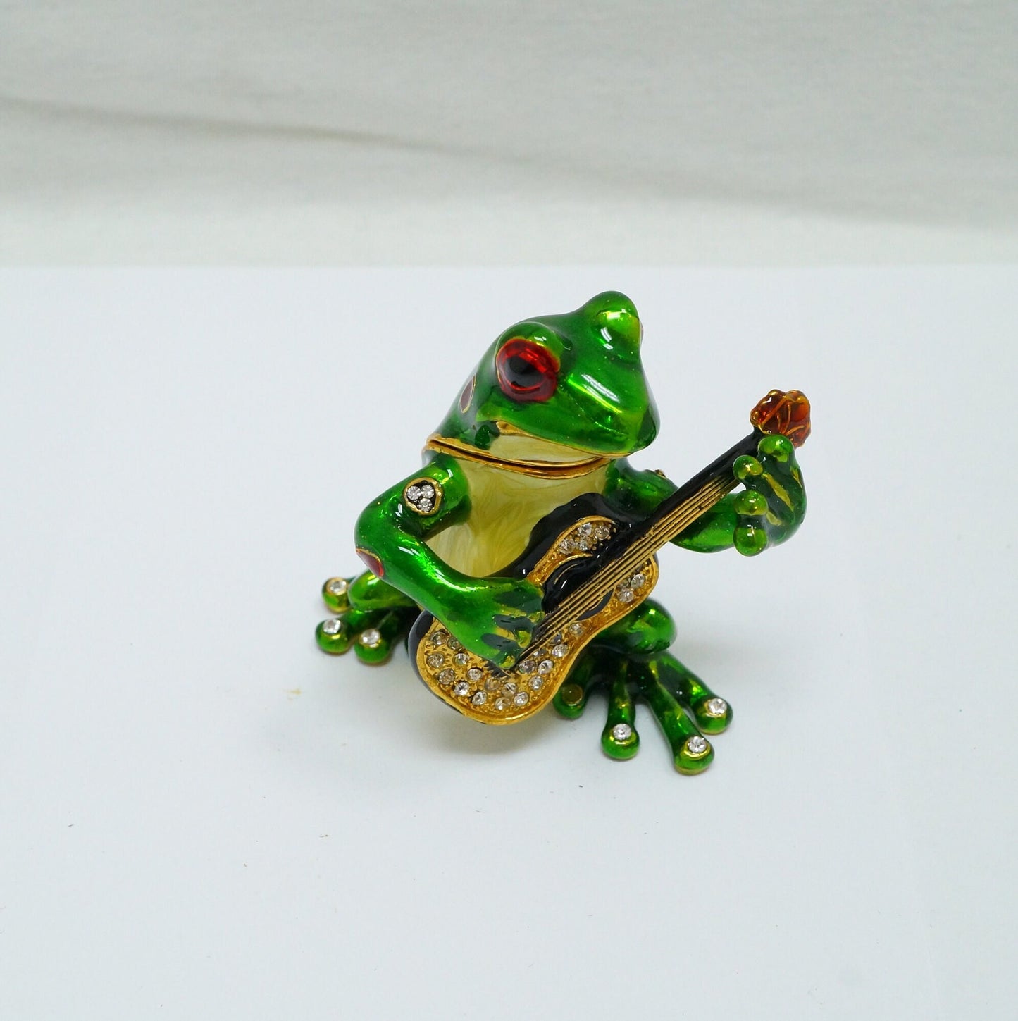 Vintage Frog Playing the Guitar Jeweled Pewter Trinket 14K Gold Plated
