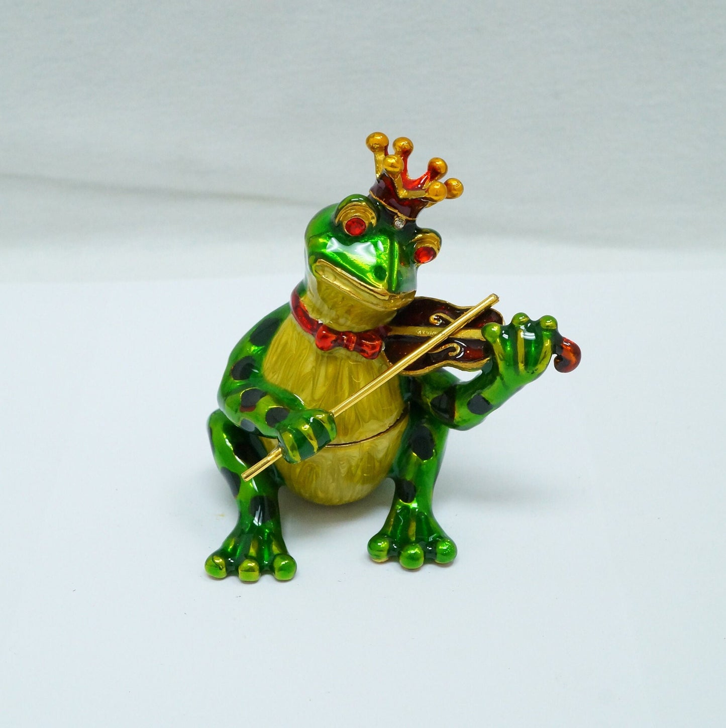 Vintage Frog With Crown Playing the Violin Jeweled Pewter Trinket 14K Gold Plated