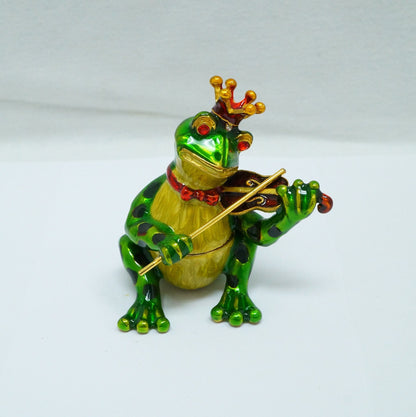 Vintage Frog With Crown Playing the Violin Jeweled Pewter Trinket 14K Gold Plated