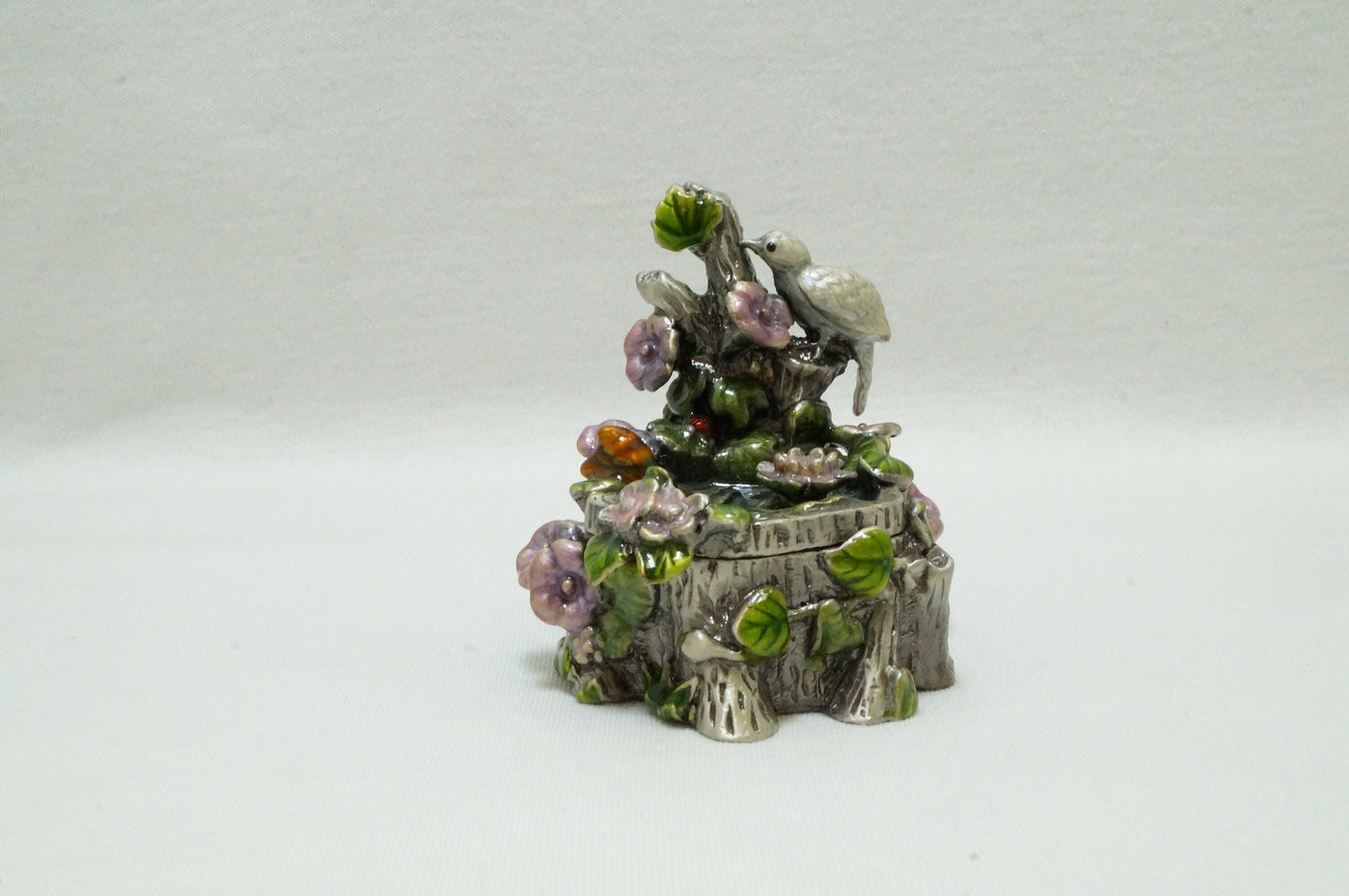 Bird and Flower Fountain Vintage Trinket Box Pewter Enameled