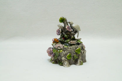 Bird and Flower Fountain Vintage Trinket Box Pewter Enameled