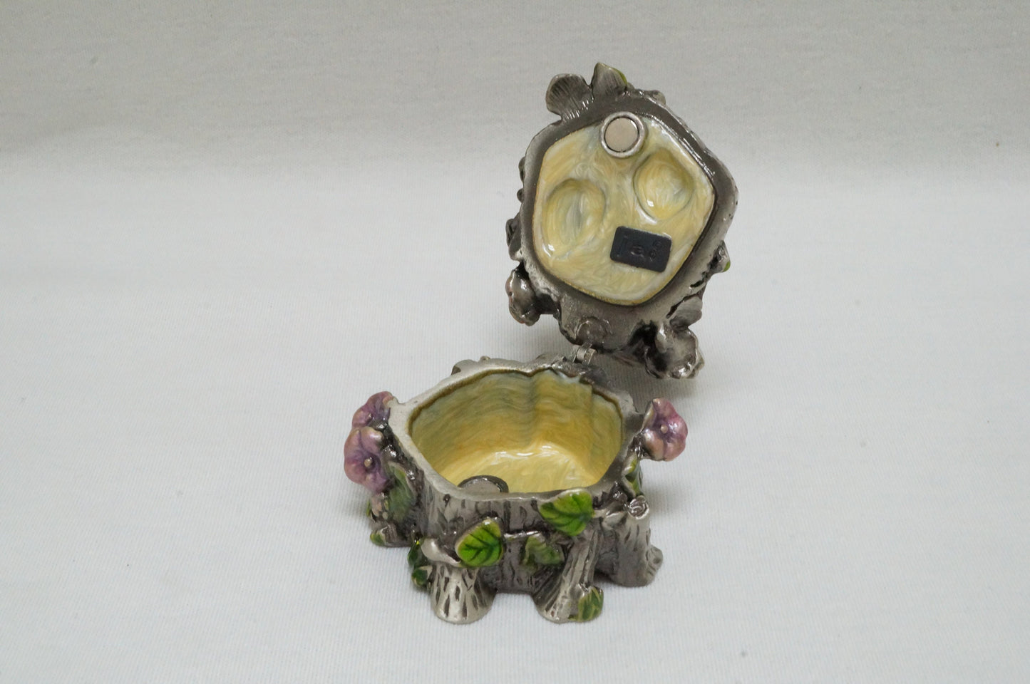 Bird and Flower Fountain Vintage Trinket Box Pewter Enameled