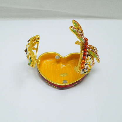 Cristiani Collezione Heart Floral With Dragon Fly Pewter Enameled Trinket Box 14K Gold Plated