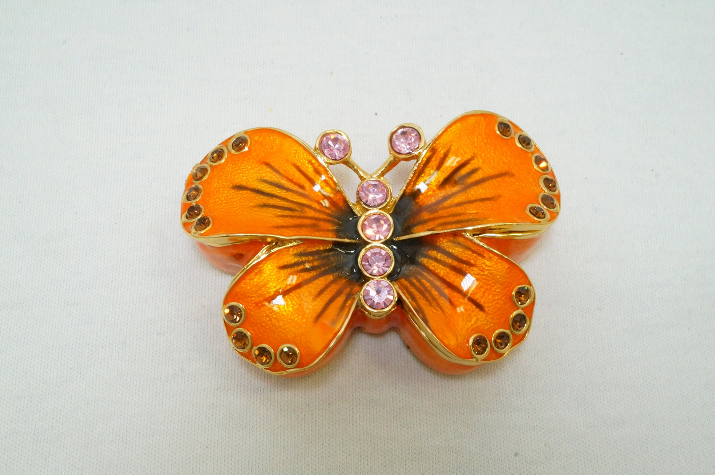 Cristiani Collezione Orange Gold Butterfly Trinket Box Pewter Enameled 14K Gold Plated