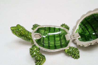 Cristiani Collezione Green Jeweled Turtle Trinket Box Pewter Enameled