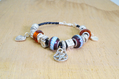 Faux Beaded Multi Silver Toned Charms Faux Braided Leather Bracelet Fashion Jewelry