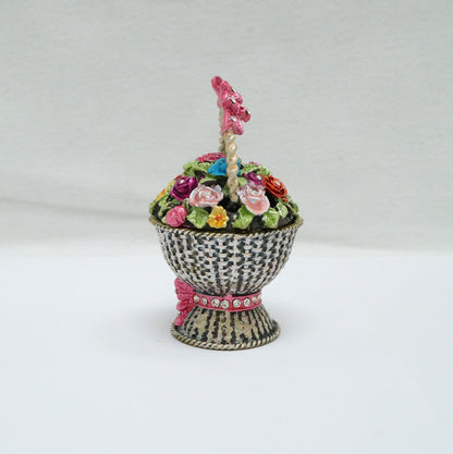 Vintage Weave Basket with Floral Lid and Bow Handle Jeweled Pewter Trinket