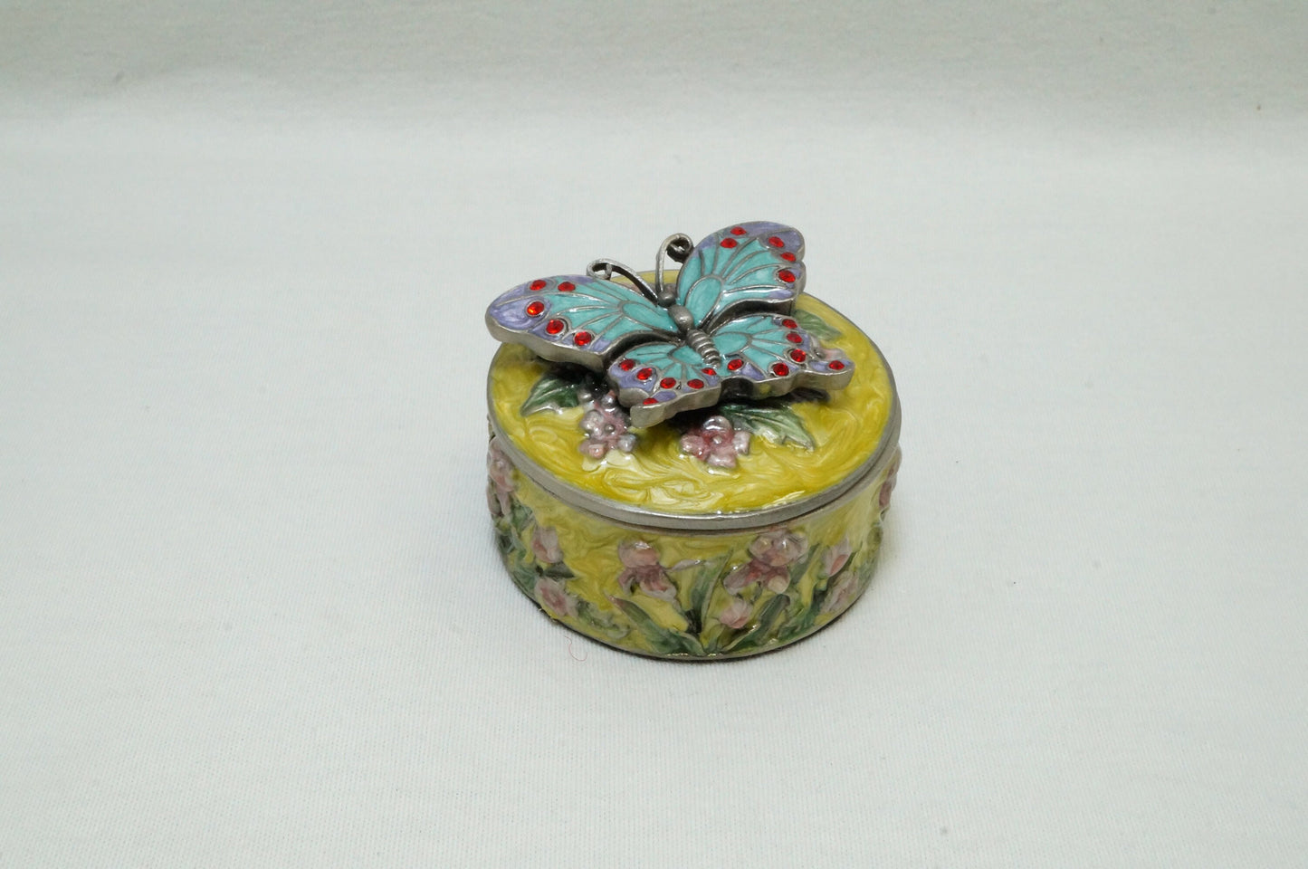 Vintage Round Floral Trinket with Butterfly on Lid Pewter Enamel Jeweled