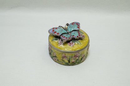 Vintage Round Floral Trinket with Butterfly on Lid Pewter Enamel Jeweled