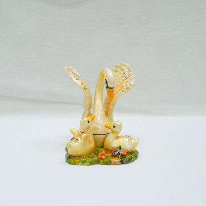 Vintage Mother Swan with Two Babies Swan Jeweled Pewter Trinket